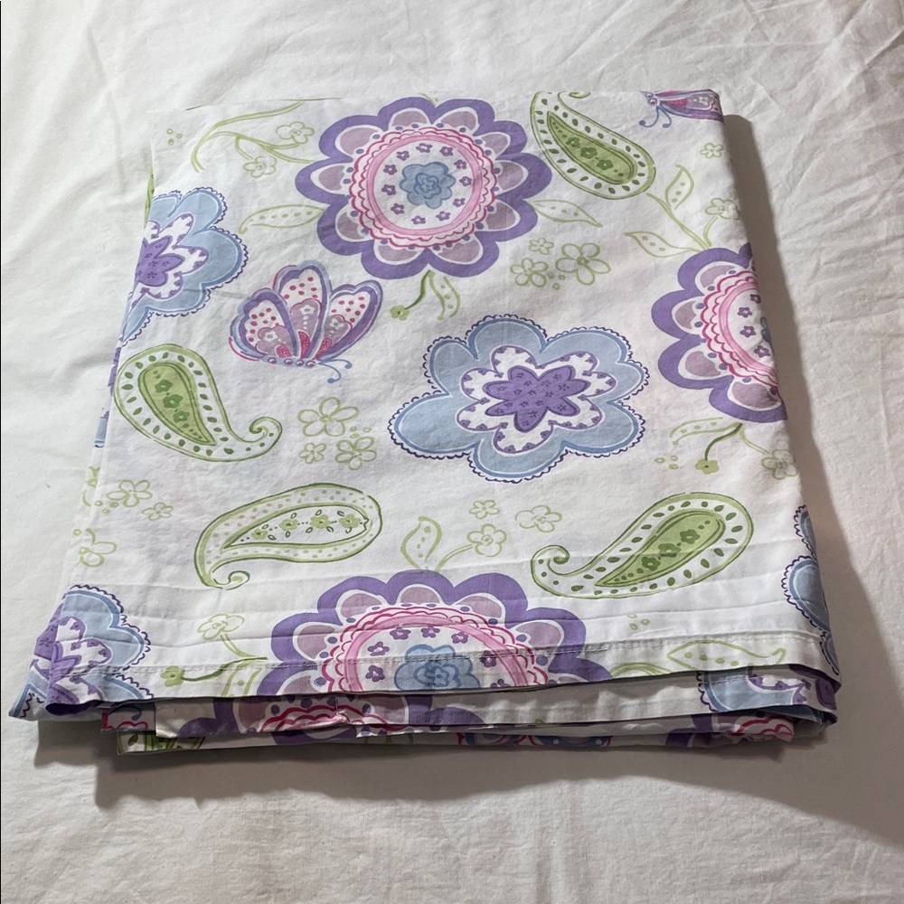 Pottery Barn Kids Purple, Green & Pink Floral Paisley 100%Cotton Flat Sheet